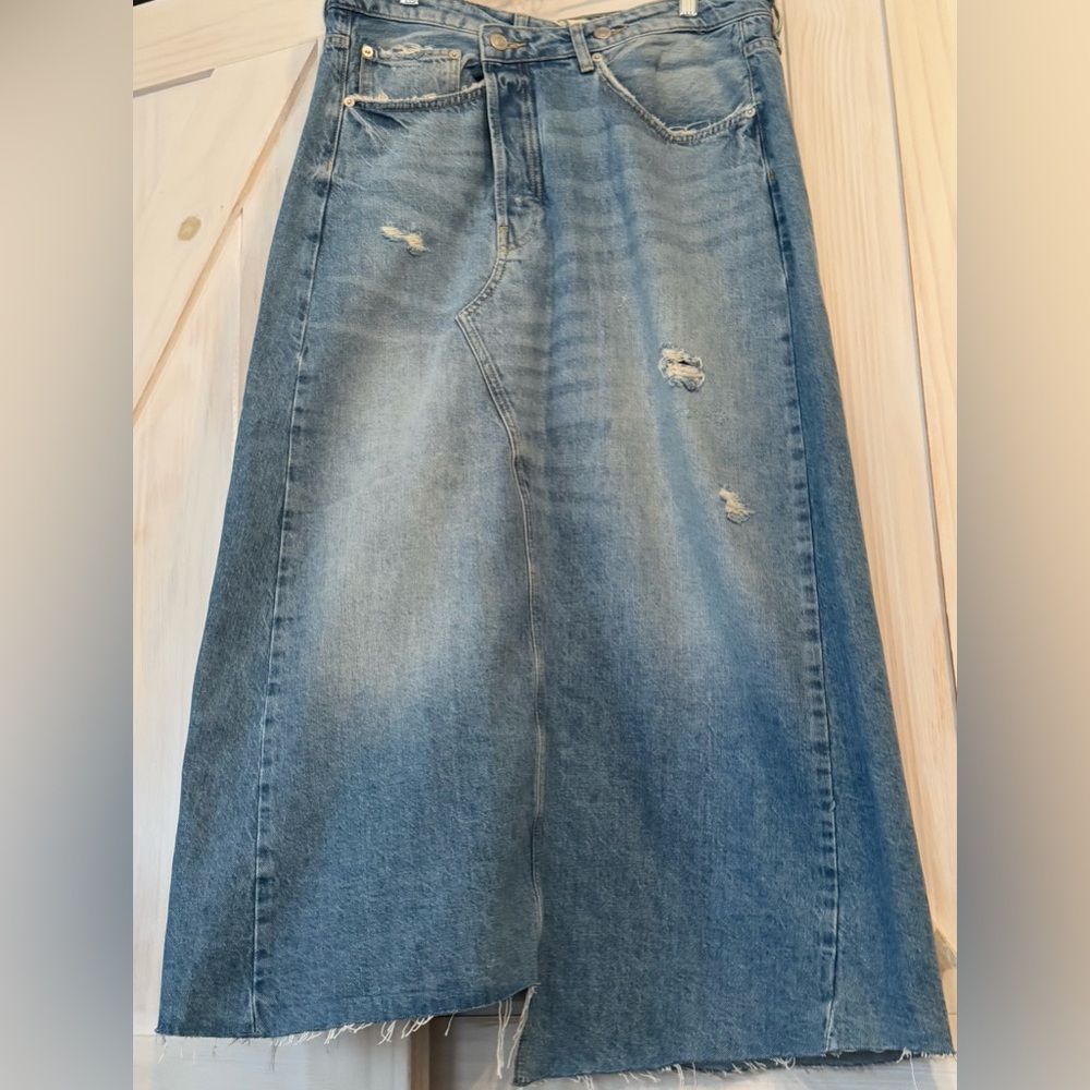 Free People High-Rise Distressed Long Denim Skirt - Blue